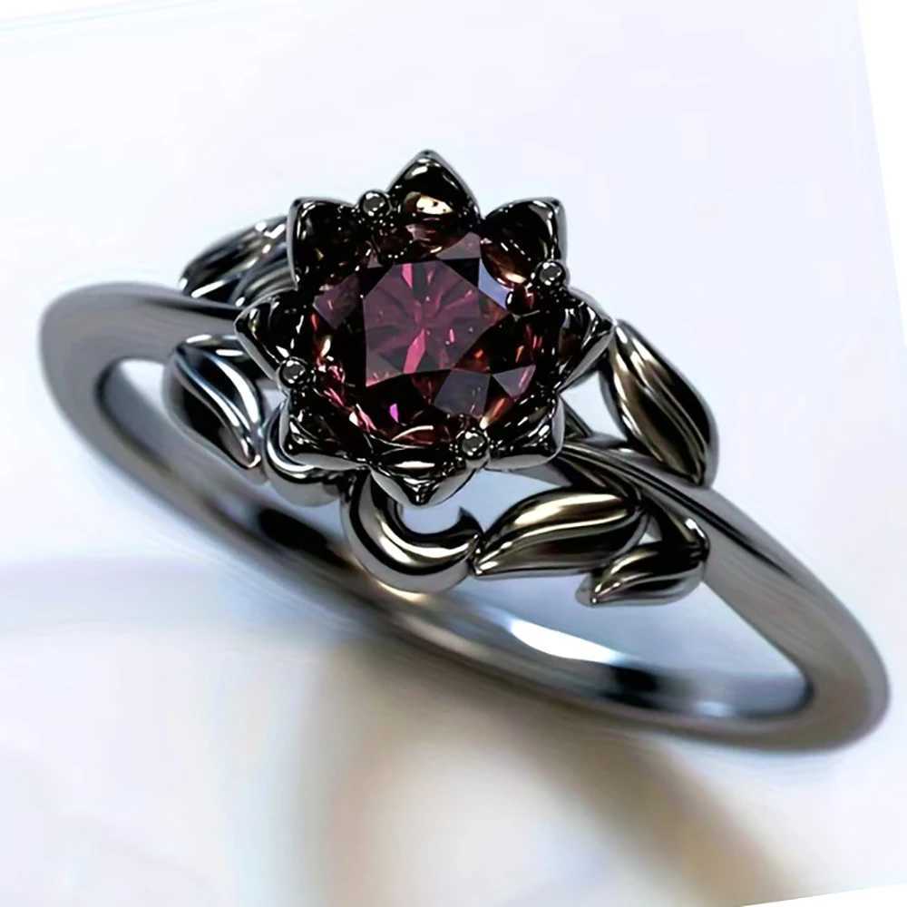 Womens Flower Shaped Red Crystal Ring Gun Black Electroplated Handmade Classic Jewelry Inlaid Cubic Zirconia Party Gift for Her XJ250707