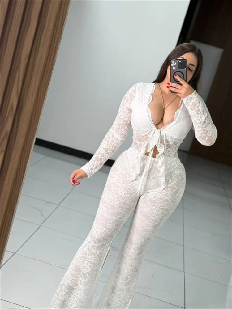 Nwe Spring Fall Lace Womens Sets Long Sleeve Sexy Bandage Top and Flared Pants 2025 Loose Red Clubwear Two 2 Piece Set Outfits 250703