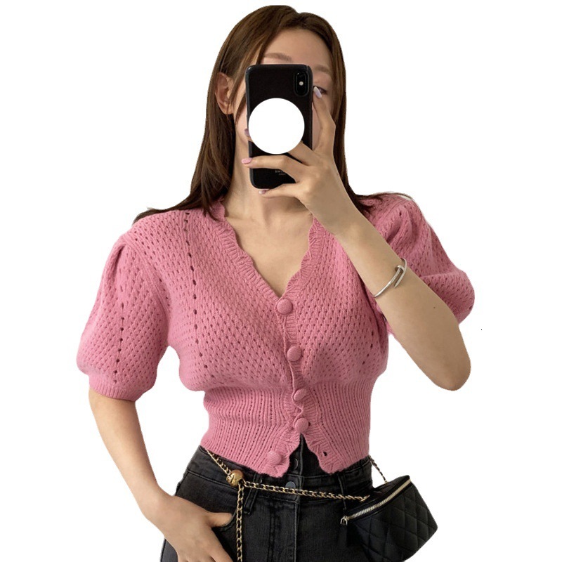 2025 Summer new women's T-shirt French retro button bubble sleeve short sleeved women's cardigan summer knitted short sleeved top new design
