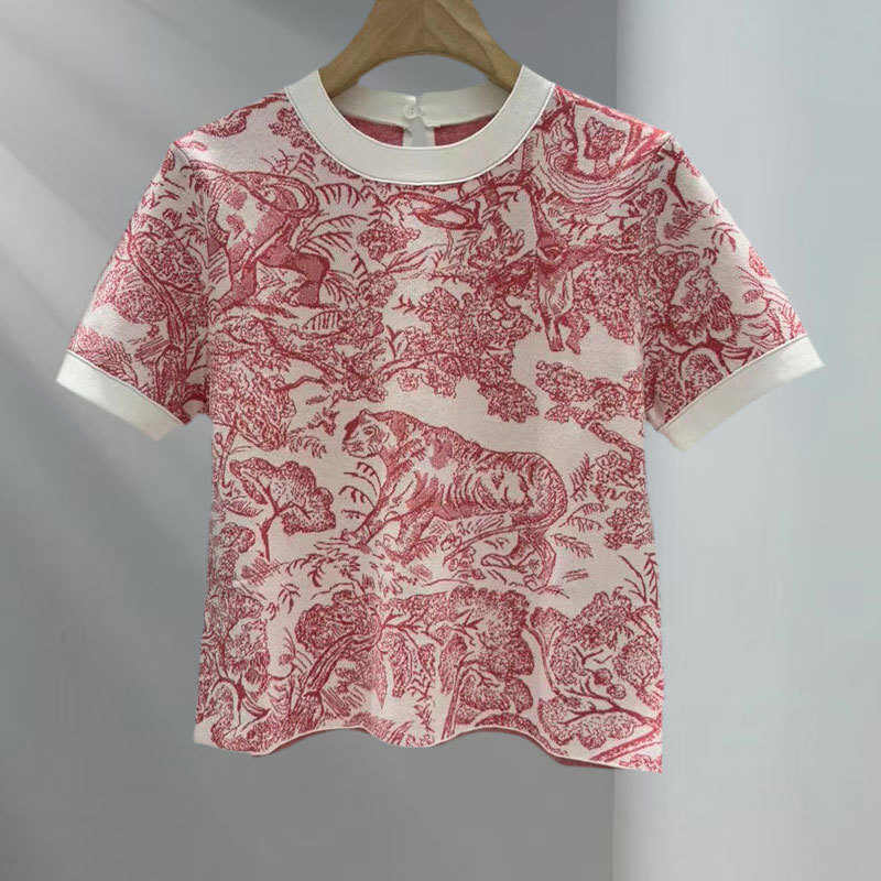 Ladies Animal Jacquard Knit T-Shirt - Premium Short Sleeve Breathable Top,Multiple Colors Luxury Jacquard Detail & Summer Capsule Essential S0721