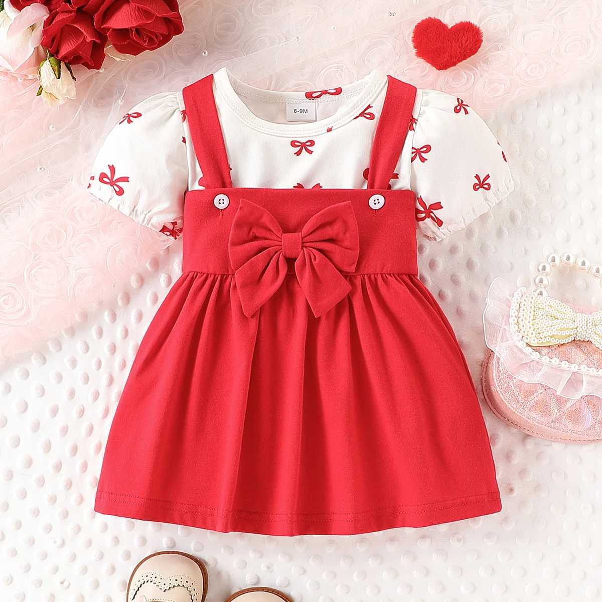 2-piece set of baby girl casual cute bow full printed bubble sleeves round neck top and bow strap skirt for summer R250707