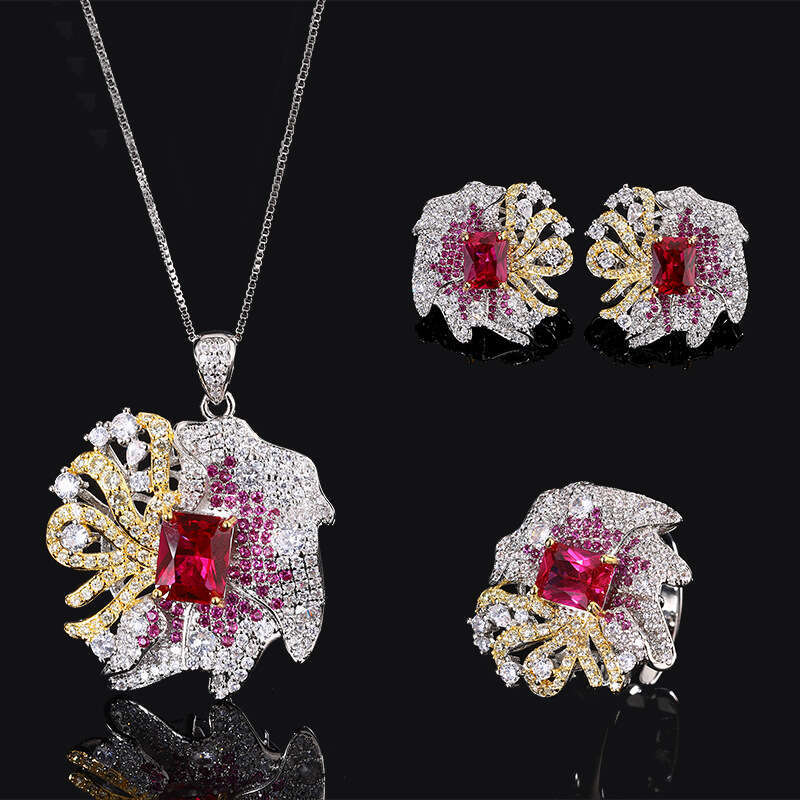 Autumn Winter New Jewelry Set Luxurious High-End Versatile Red Zircon Necklace Earrings Ring Full Dia Elegant Women's Wholesale 0F9