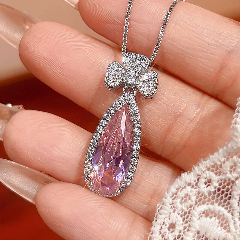 New Jewelry Set Earrings Necklace Pink Zircon Paraiba Emerald Water Drop Shape Women's Fashion Light A54