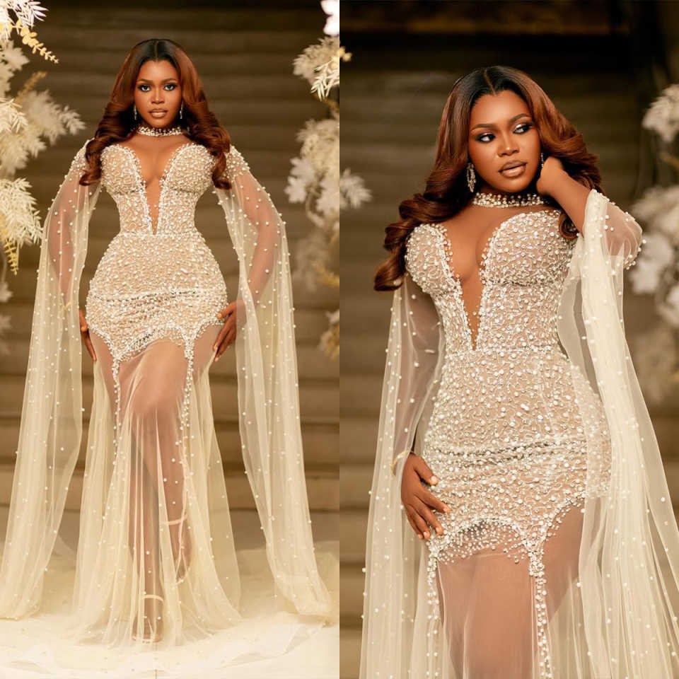 Illusion Mermaid Wedding Dress O Neck Pearls Beaded Sequins Bride Gowns Long Sleeve Sweep Train Bridal Dresses Customized