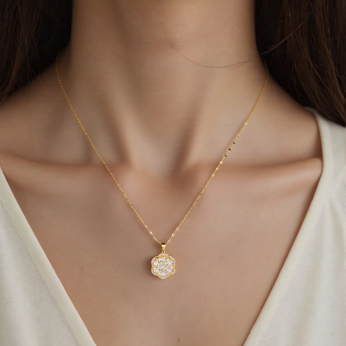 Light luxury high-level sense of flash diamond hundred with six-petal flower necklace women's collarbone chain wholesale customized TM0034