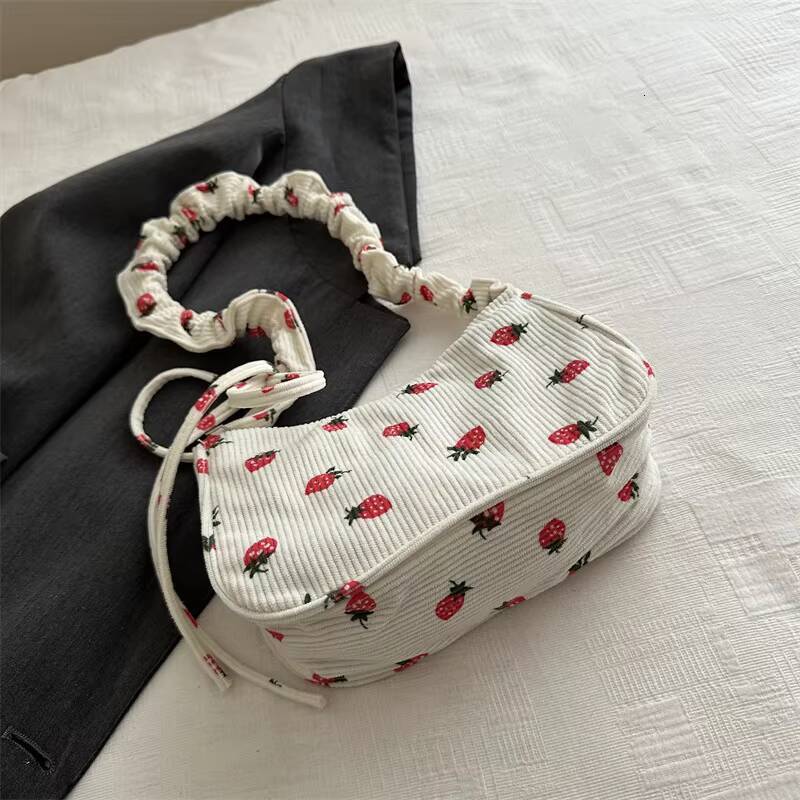 Women Small Underarm Bag Corduroy Handbag Cute Strawberry Print Little Tote Half Moon Design Eco Cloth Purse Mini Shoulder Bags ddmynov