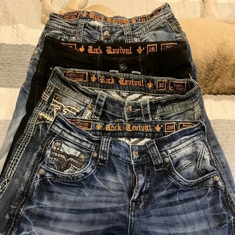 Men's Pants Y2K Gothic Blue Denim Embroidery Harajuku Wide Revival Mens Jeans Foliage Bootcut Women Pocket Hip Hop Streetwear
