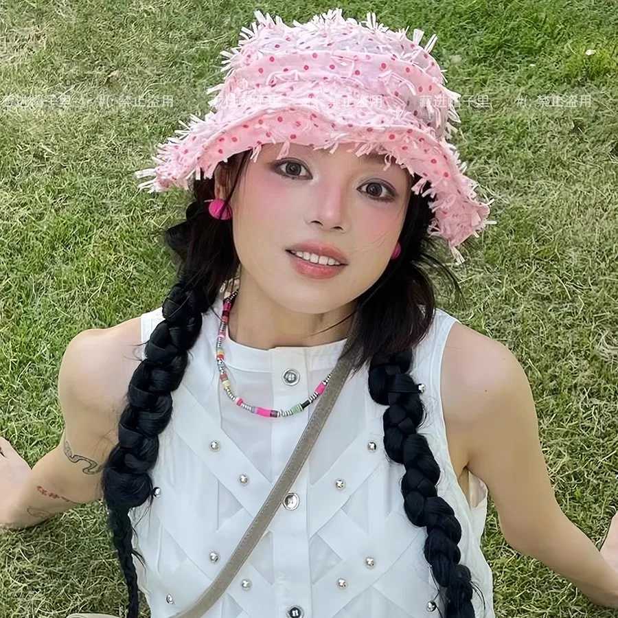 Niche Pink Polka Dot Mesh Bucket Hat Womens Spring and Summer Thin Sunscreen Sun Hat Korean Sweet Washbasin Hat Y250707