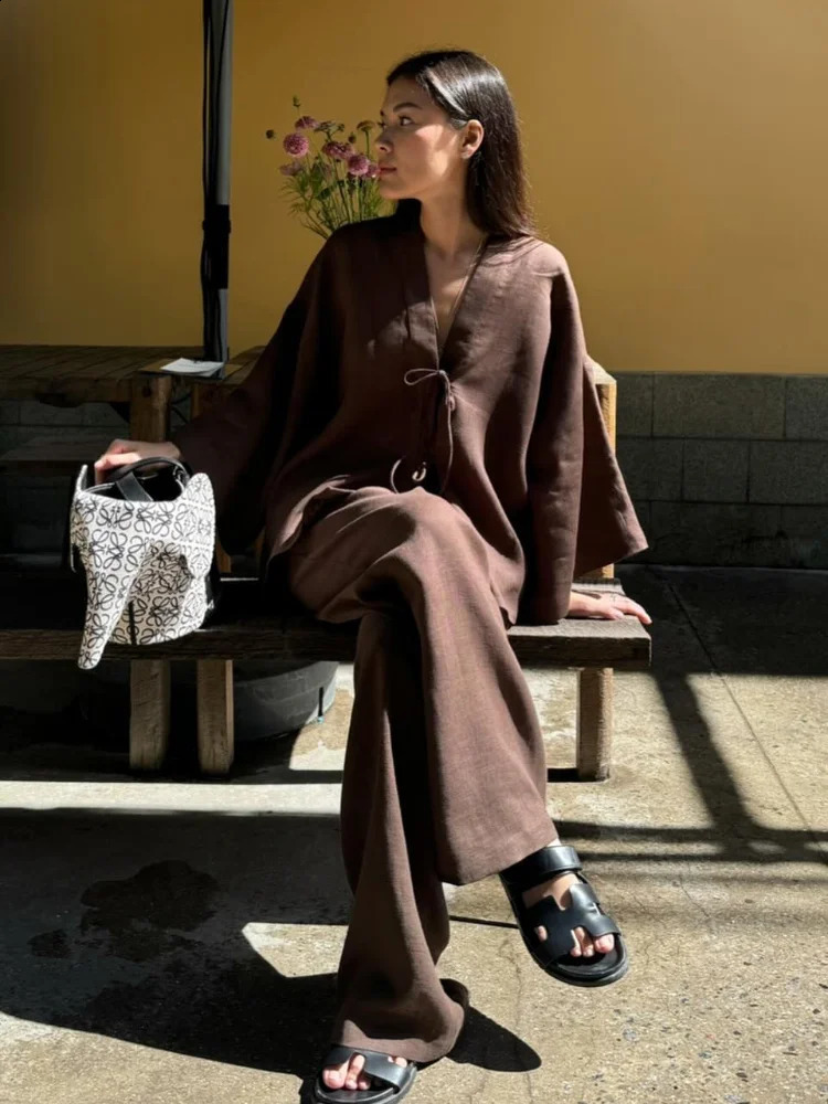 Summer Brown Cotton Linen Loose Pants Sets Fashion V-neck Lace Up Long Sleeve Shirt Suit 2025 Womens Casual 2 Piece Outfits 250703