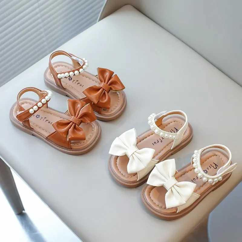 Toddler Girls Leather Sandals Princess Soft with Pearls Bowtie Sweet Children Holiday Sandals Chic Open Toes Kids Summer Shoes z250708MNXW