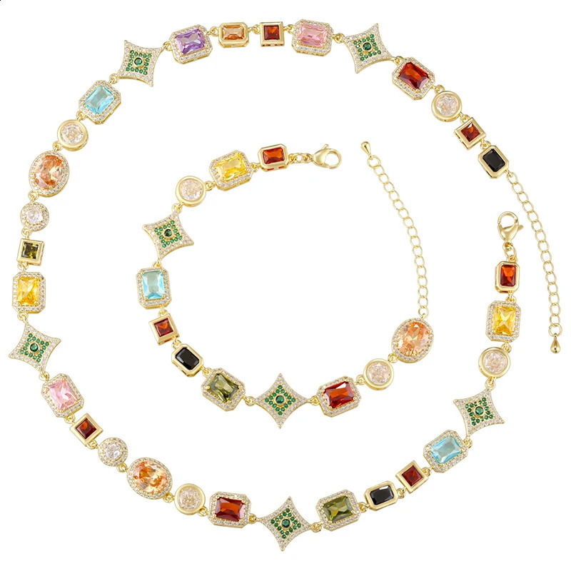 ZHUKOU 18K Golden Plated Colourful Stars Gemstone Bracelet Necklace Hip Hop Style Unisex Couple Jewellery VL641 VL642 250707