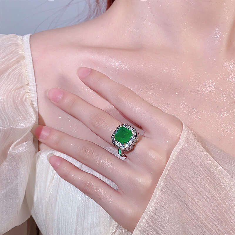 Jewelry Live Copper Base Silver Plated Imitation Red Corundum With Diamond And Emerald Zircon Ring 448