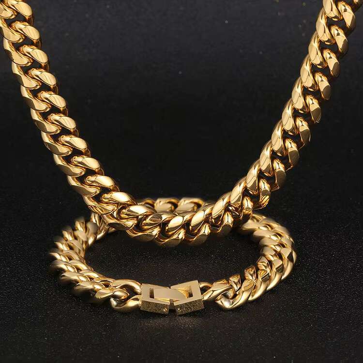 NUOYA 8mm 18k Mens Gold Plated Stainless Steel Chain Fine Hip Hop Cuban Link Chain Necklace