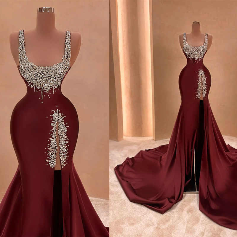 Elegant Women Evening Dresses Spaghetti Straps Sleeveless Gown Crystal Split Side Sweep Train Dress For Party Custom Made