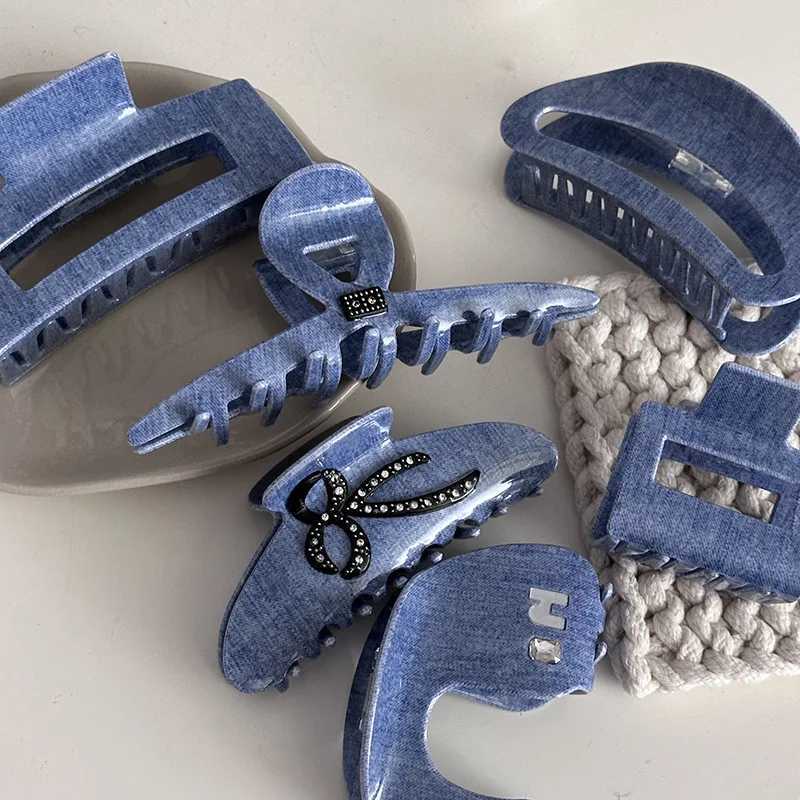 NEW Women Denim Blue Acetate Hair Claws Barrettes Hairpins Large Ponytail Hair Clips Girls Hair Accessories Shark Clip Hairgrip Y250707