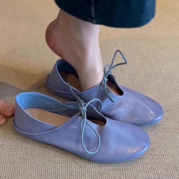 Soft Leather Flat Slip-On Two-Way Wear Women's Spring Summer New Lace-Up Hollow Round Designer Toe Shoes