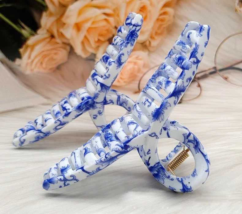 New Vintage Blue And White Porcelain Big Hair Claw Clip Headdress Hairpin Female Crab Hair Ponytail Clip Chinese Style Hair Accessory Y250707