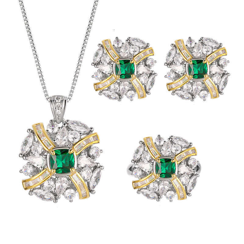 New Set Necklace Earrings Ring Gemstone Green Jewelry For Women 95A