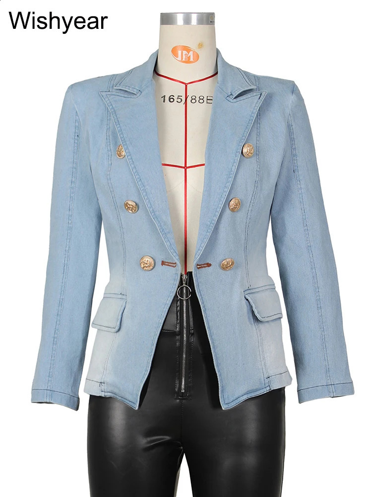 Fashion Notched Collar Long Sleeve Double Breasted Denim Coats for Women Slim Jeans Jacket Casual Streetwear Female Blazer Tops 250703