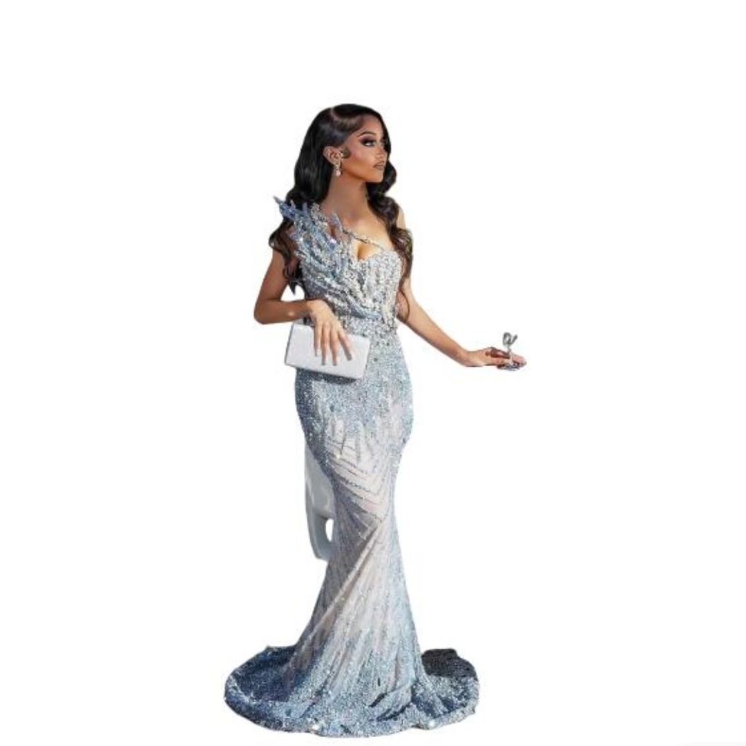 Luxury Customized Beaded Evening Dresses Sexy One Shoulder Sequined Beaded Sleeveless Prom Dress Pearls Floor Length Party Gown