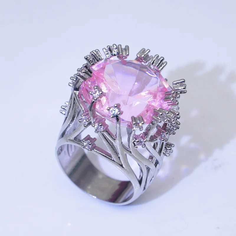 925 Sterling Silver Ring Inlaid with Pink Crystal Zircon Exaggerated Ring for Women Wedding Jewelry Gift XJ250707