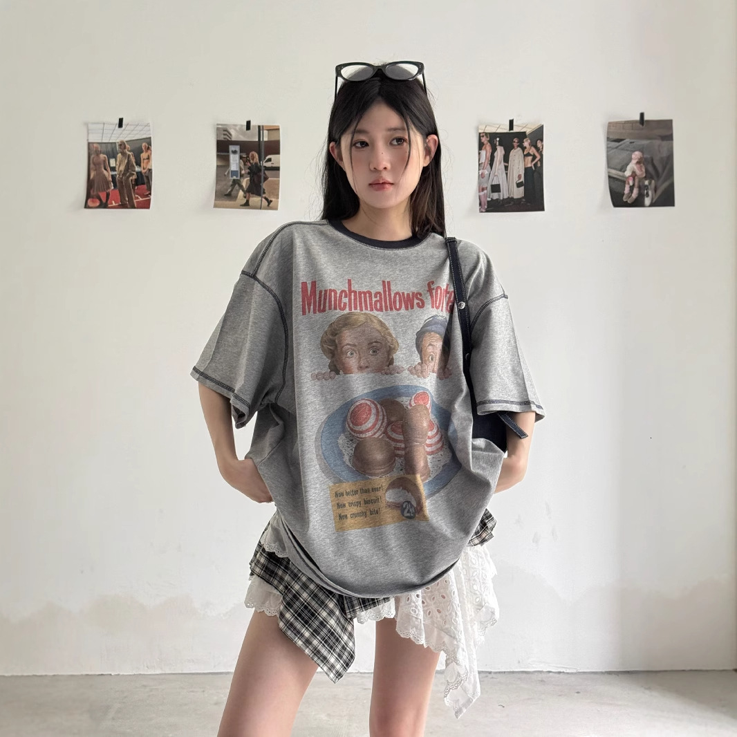 2025 Summer new women's T-shirt retro style distressed color block cartoon spray fashion short sleeved women's T-shirt new designer T-shirt