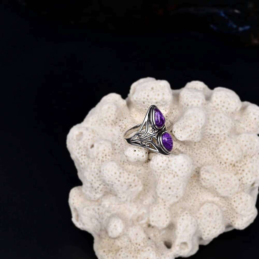 Charming Natural Charoite Bead for Women, White Copper Jewelry Ring with Home Delivery