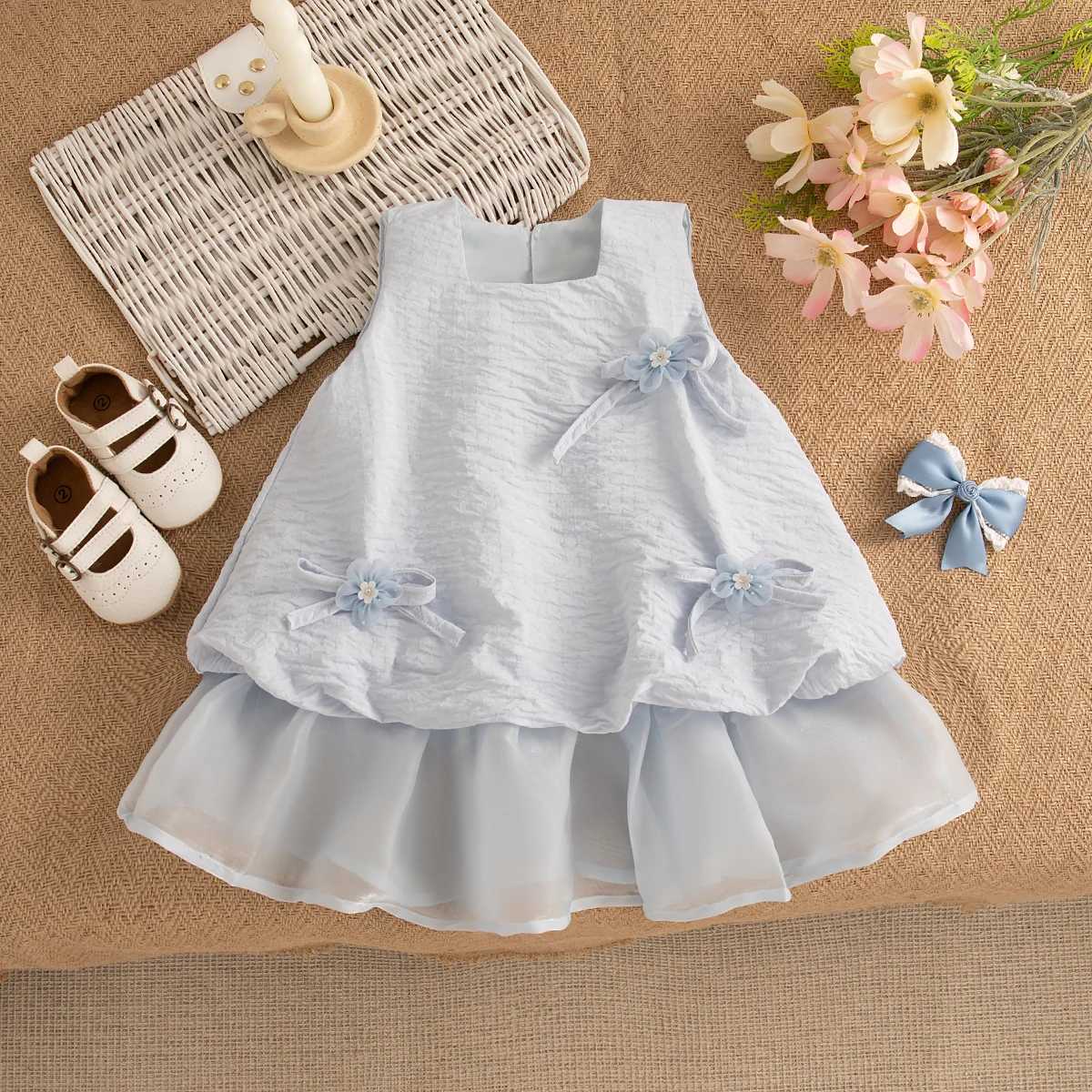 Floral Bow Blue Princess Dress Korean Style Baby Girl Dress Summer Elegant Girl Wedding Party Dress for Girls 0-2 Years R250707