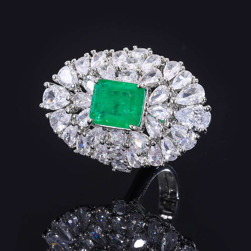 Luxurious Ring Aquamarine Zircon For Women, Copper Base With Gold Plating And Emerald Inlay 501