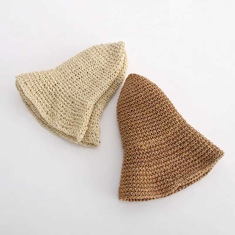 Straw Hat Womens Summer Simple Handmade Straw Woven Retro Fisherman Hat Big Edge Foldable Sun Hat Y250707