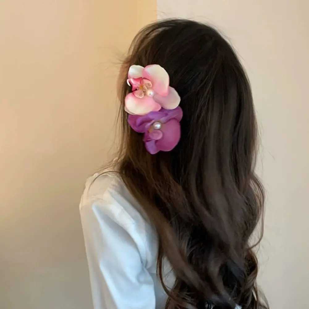 Orchid Butterfly Bow Flower Hair Clips Silk Flower Hairpin Phalaenopsis Pearl Duckbill Clip Hair Accessories for Vacation Photos Y250707