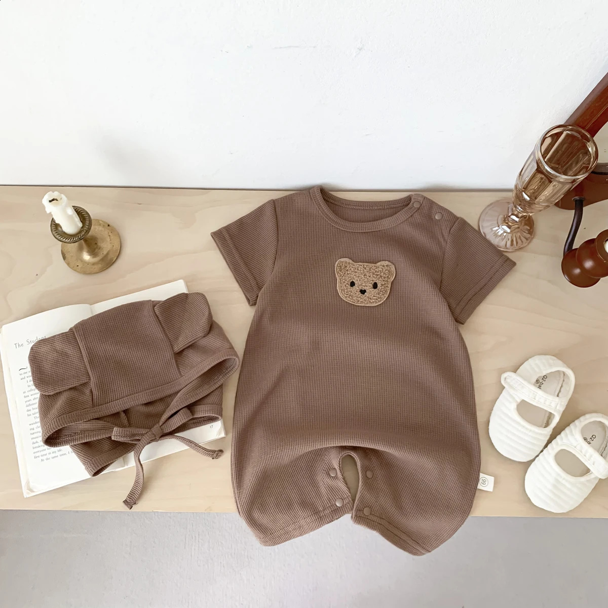 Baby jumpsuit summer waffle bear baby clothes baby short-sleeved jumpsuit super cute summer outdoor clothes for boys and girls 250707