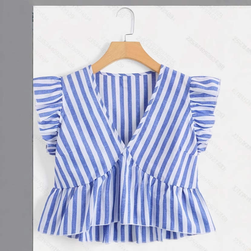 2025 summer new women's T-shirt V-neck ruffle and ruffle edge T-shirt fresh temperament striped decoration new designer T-shirt