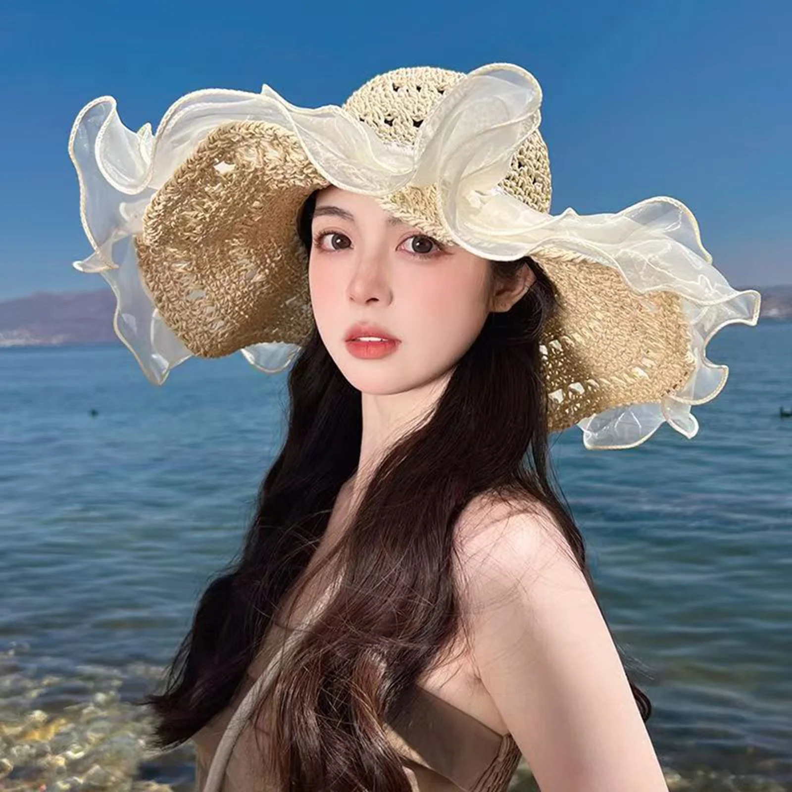 Womens Summer Sun Hat Wide Brim Straw Breathable Foldable Elegant Hats for Traveling Beach Fishing Hiking 250707