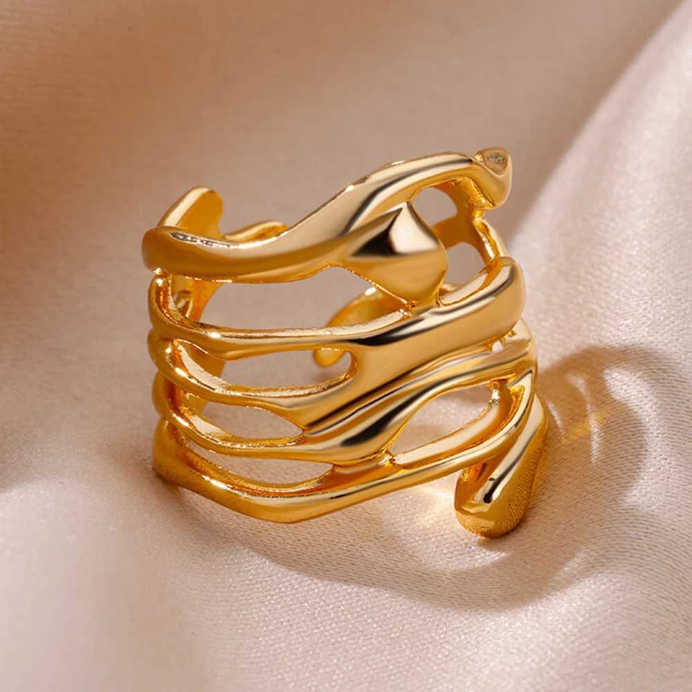 2024 Stainless Steel Rings for Women Men Gold Color Hollow Wide Open Ring Fashion Wedding Party Finger Jewelry Gift XJ250707