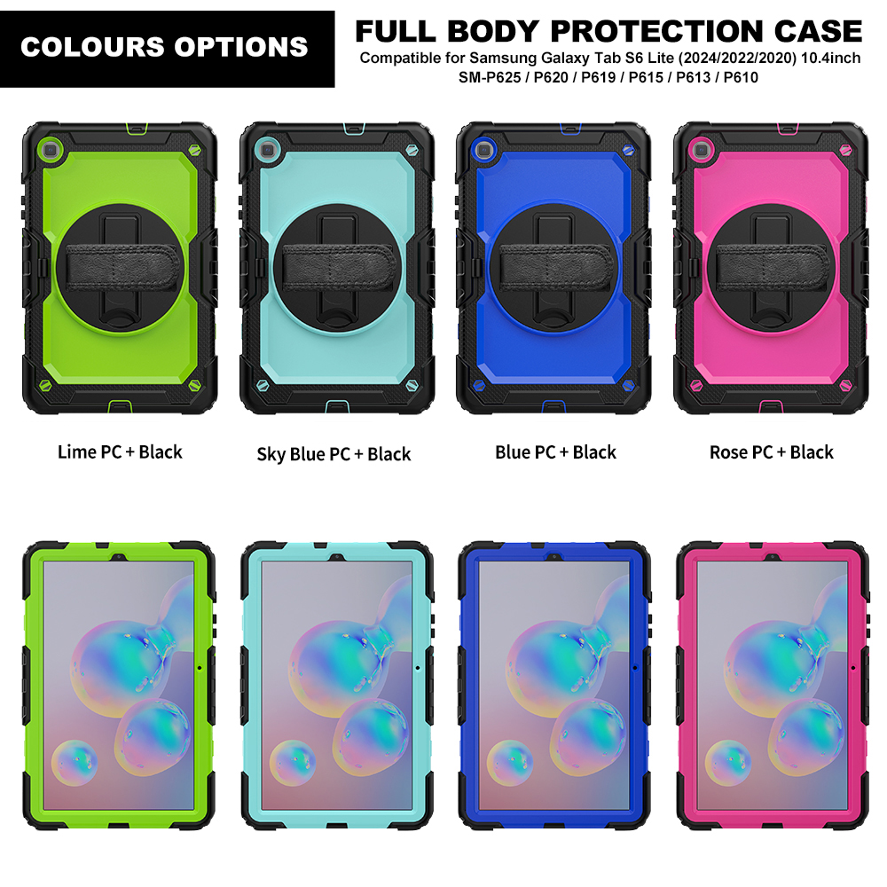 For Samsung Galaxy Tab S6 Lite 10.4 inch Case 360 Rotation Hand Strap Stand Armor Cover Durable Rugged Shockproof kids Safe Tablet Cases + Screen Prot