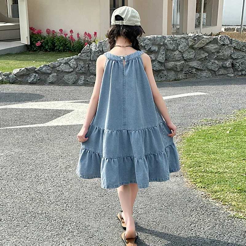 Girls Summer Dress 2025 New Style Children Stylish Denim Vest Skirt Princess Skirt Girls Summer Loose Thin 5-15 Years Old R250707