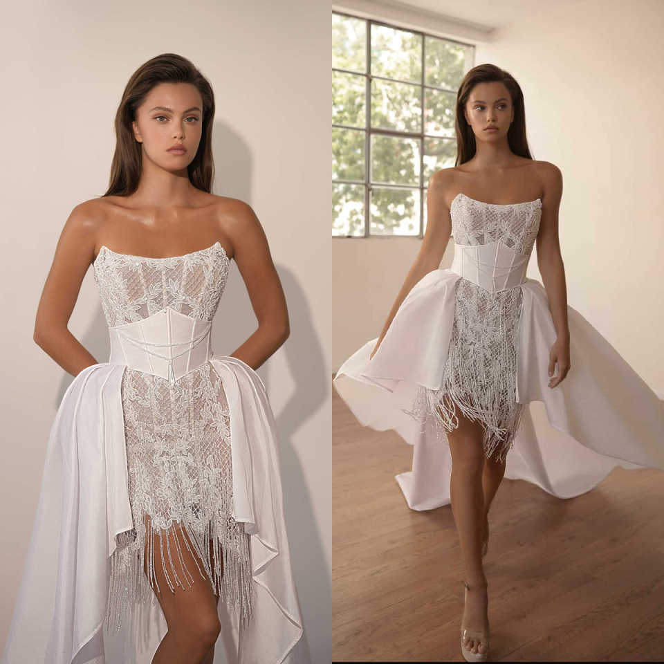 Designer Short A Line Women Wedding Dress Sleeveless Strapless Bridal Gowns Lace Tassel Detachable Train Dress Custom Made vestidos de novia