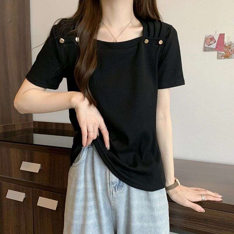 Plus Size Tummy Regular Shoulder Square Neck Short Sleeve Summer Cotton Slightly Korean Version Slimming Covering Fat Top Women Wholesale B5