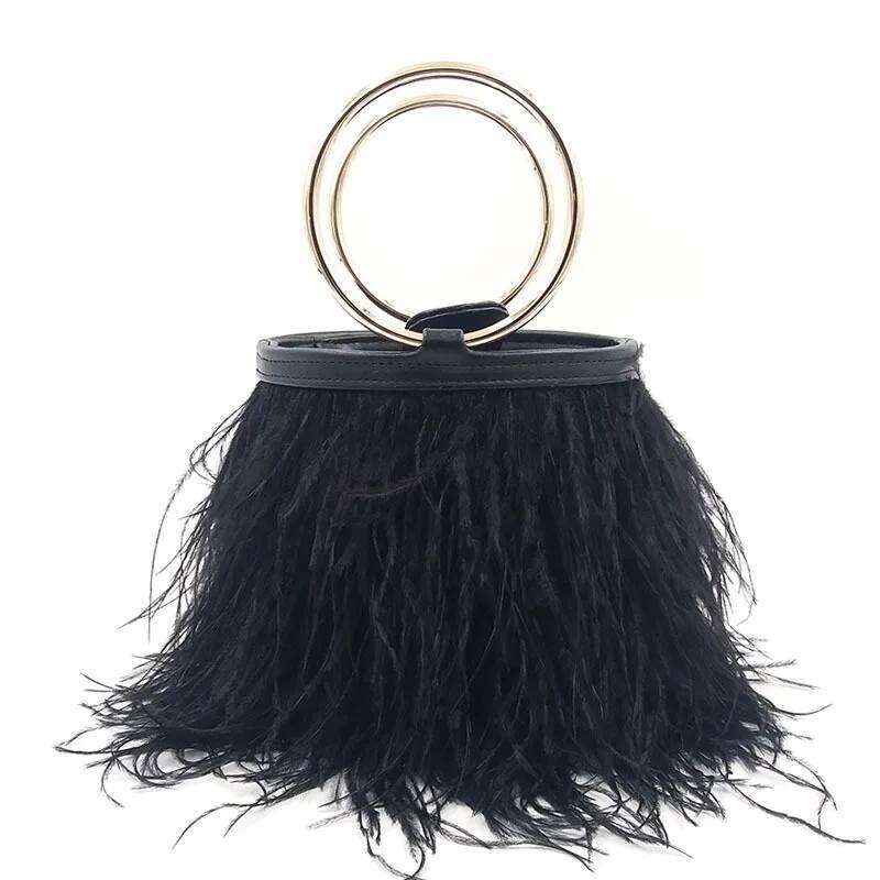 Real Feathers Bucket Evening Bags Fashion One Shoulder Handbag Chain Ostrich Feather Ring Bag