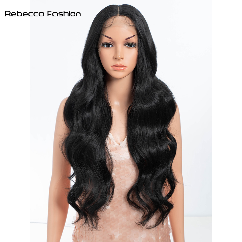 Rebecca Fashion Front High-definition T-Lace 28 Inch Synthetic High Temperature Fiber Resistant Body Wave 13*4*1 Lace Bangs Daily Party For Women