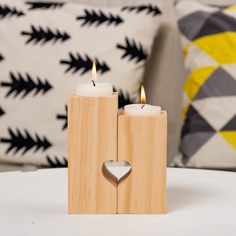 Tealight Holder, Wood Holders Table, Set of 2 Combined Heart Candle Stands for Home Decor Romantic Decoration H260310