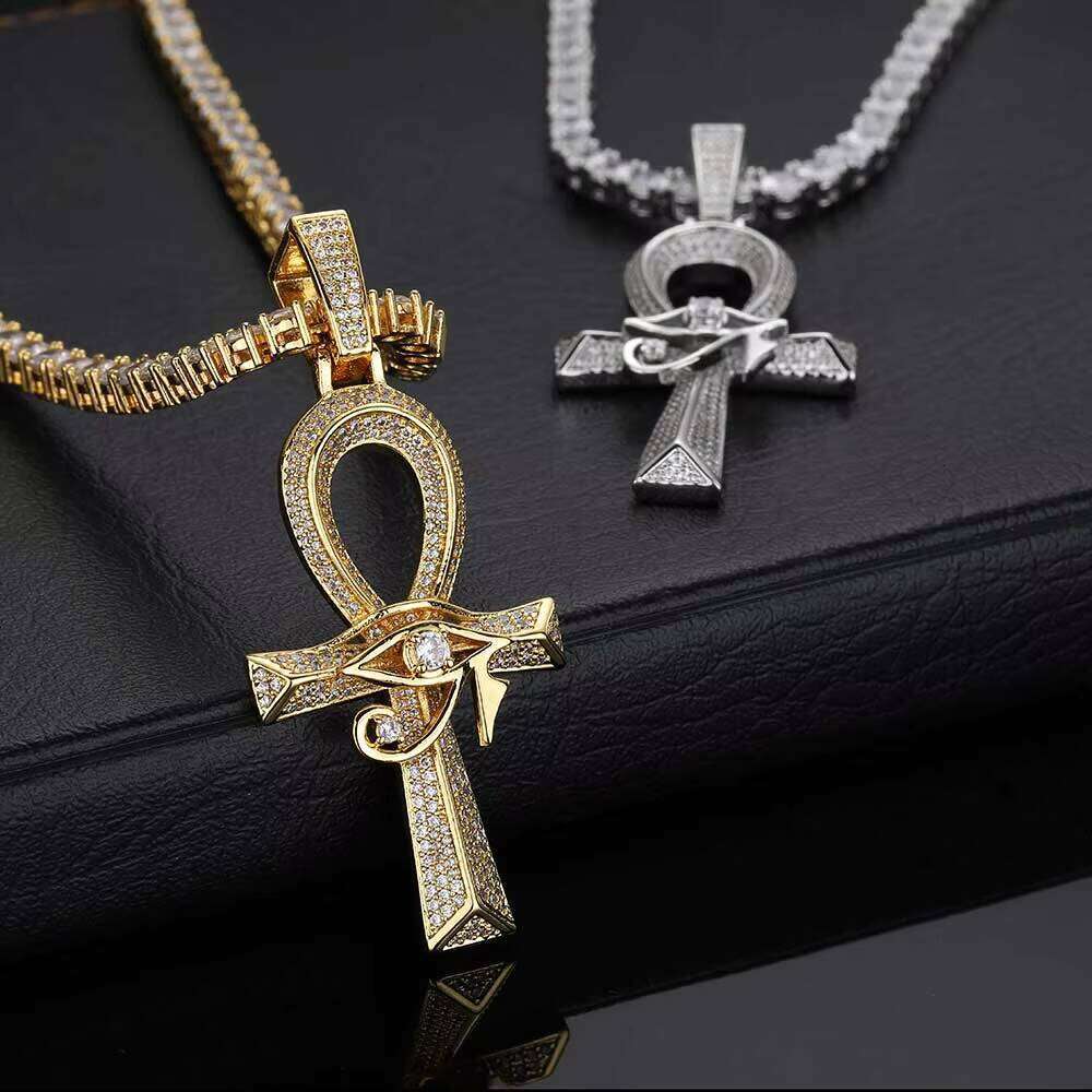 Nuoya Ancient Egyptian Amulet Cross Bling CZ Stone Gold Plated Eye of Horus Ankh Pendant Necklace for Men