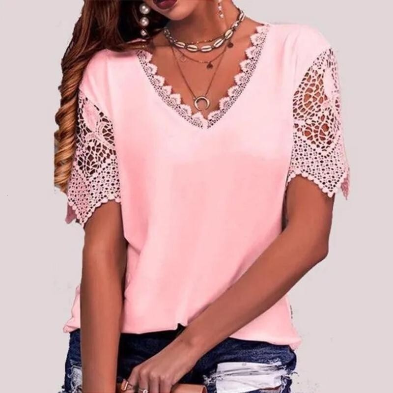2025 Summer new women's T-shirt new solid color women's T-shirt popular lace collar lace sleeves niche loose V-neck short sleeved T-shirt ne