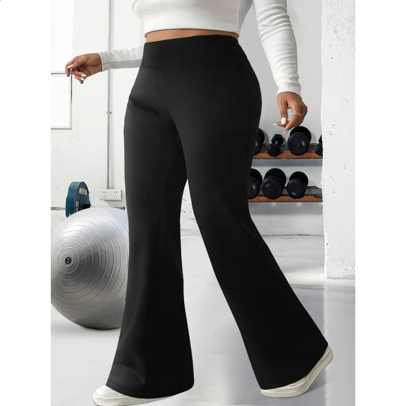 Plus Size Womens Casual High Waisted Solid Color Fashionable Tight Flared Pants Sports 250628