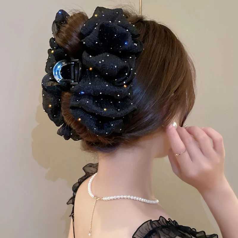Summer Sweet Mesh Tulle Big Bow Hair Claw Clips for Women Solid Colors Elegant Bowknot Ponytail Clip New Hair Accessories Y250707