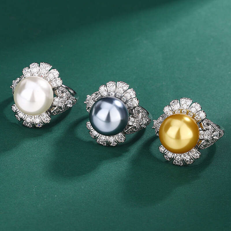 Huayoumei Jewelry Imitation Natural French Style Flower Inlaid Diamond White Index Finger Yellow Shell Pearl Ring 843