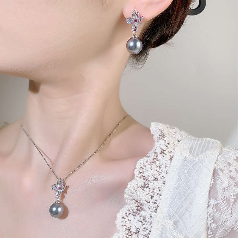 Pearl Necklace Niche Light High-End Corundum Red Gemstone New Summer Versatile Set Pendant Earrings For Women Fff