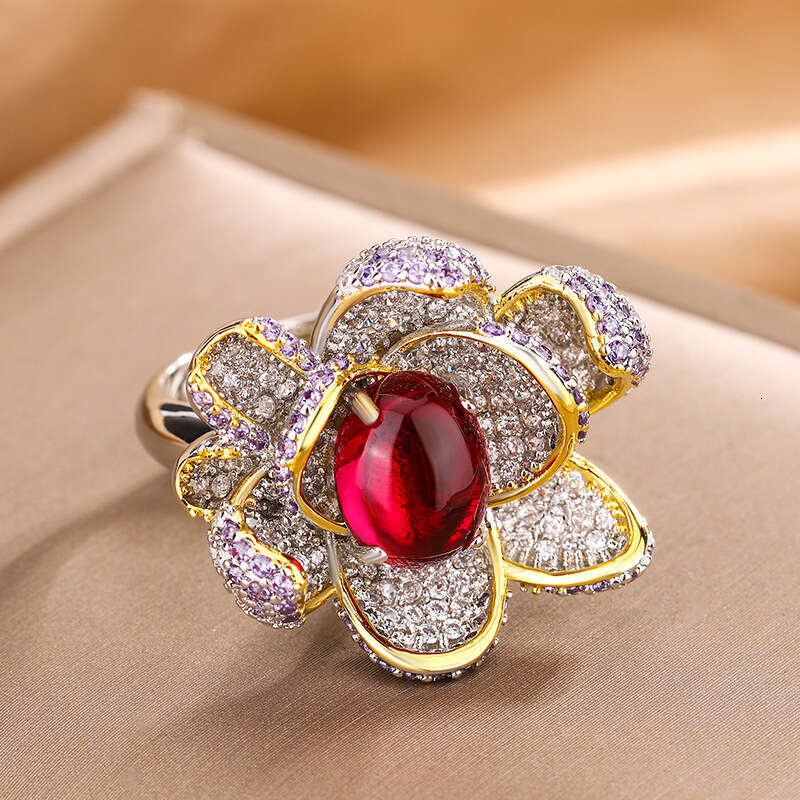 Jewelry New Set Necklace Ring Pigeon Blood Red High-End Sense Temperament Rose Flower Women's Eca