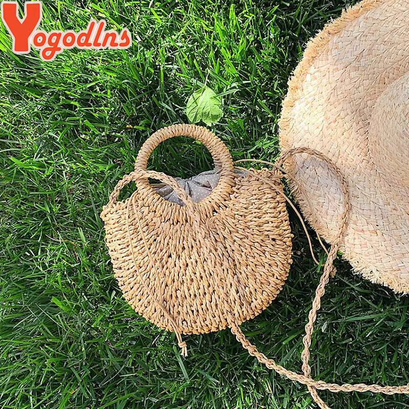 Yogodlns Handmade Half-Round Rattan Woven Straw Bag Summer Women Messenger Crossbody Bags Girls Small Beach Handbag New ddmynov